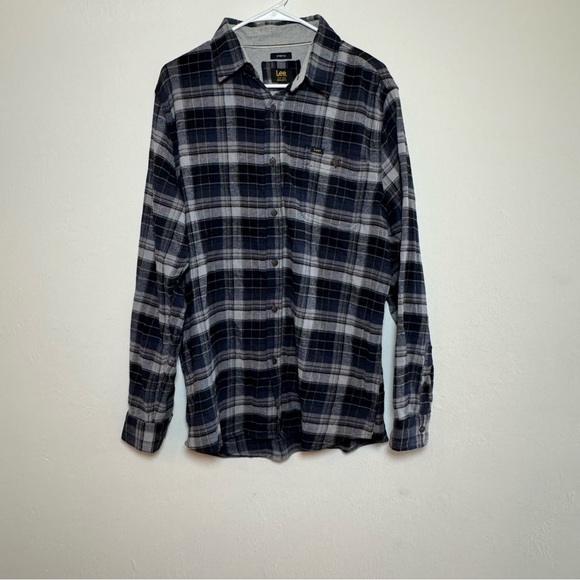 Lee Flannel Shirt Mens Large Blue Grey Plaid Regular Fit Heavy Button Up Outdoor - Picture 2 of 5
